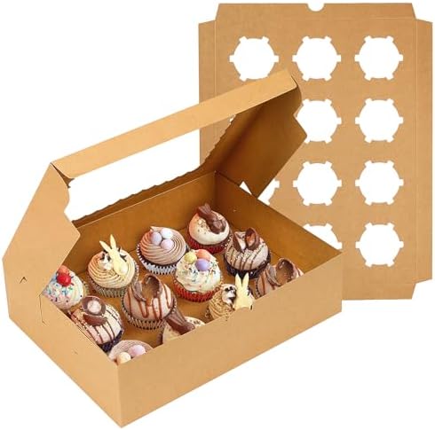 Cupcake-bærere |  12 stk. x 10 sæt cupcakes transportkasser, 13 x 10 x 3,5 tommer, brune cupcake beholdere i kraftpapir med vinduer og indsats til at holde cupcakes, muffins og bagværk. Cupcake-bærere Cupcake-bærere