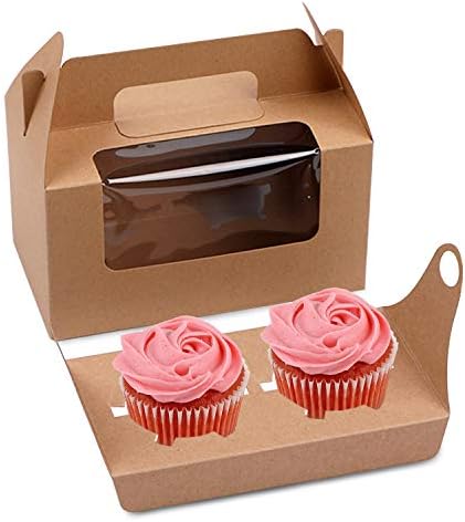 Cupcake-bærere |  2 Stk. Cupcake Kasser, 2 Holdere Cupcake Beholdere Muffins Cupcakes Transportkasser Holder Bagværk Beholdere Favorit Slik Behandlingskasser Bagerikasser Med Vindue & Håndtag Til Bryllup Fødselsdagsfest (Brun) Cupcake-bærere Cupcake-bærere