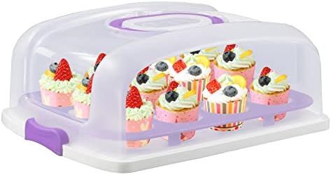 Cupcake-bærere |  2i1 Cupcake Bærer og Kagebeholder med Låg, Rektangulær Pie Bærer, Stor Bærbar Opbevaringsbeholder til Opbevaring af 12 Cupcakes eller 1 Stor Kage (Lilla) Cupcake-bærere Cupcake-bærere