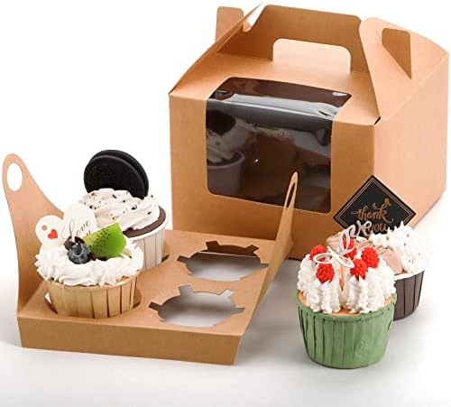 Cupcake-bærere |  40 Pakke Cupcake Bokse, 4 Stk Kraftpapir Cupcake Bærer Holder Beholder Med Vindue, Indsats Og Håndtag, Bageri Kagebokse, Gable Festgave Behandlingsbokse Til Bryllup Fødselsdag Cupcake-bærere Cupcake-bærere