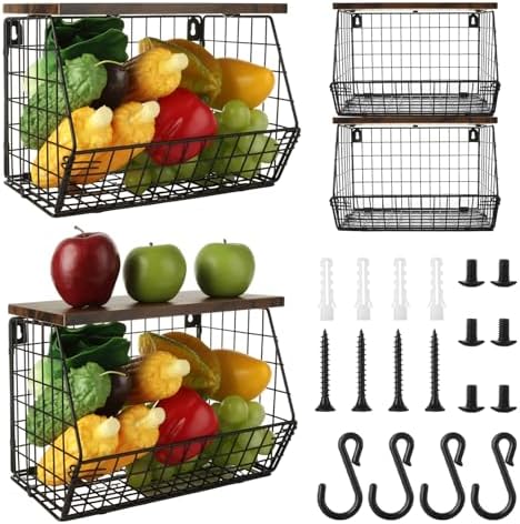 Hængende køkkenkurve |  2-pak Stapelbare Frugtkurve til Køkkenbord, Vægmonterede Hængende Kurve i Metal med Trælåg, Løg- og Kartoffelopbevaringskurv med 4 Hængende Krog til Opbevaring af Grøntsager Hængende køkkenkurve Hængende køkkenkurve