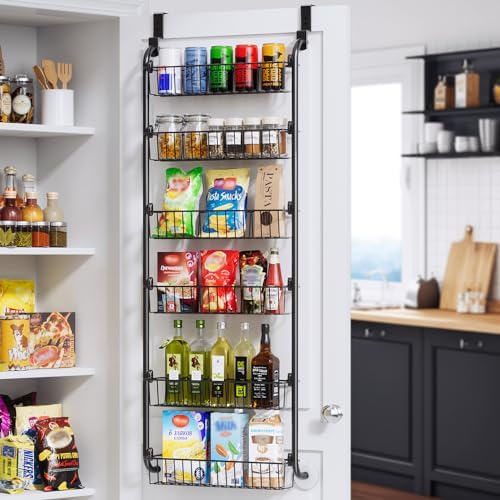 Hængende køkkenkurve |  Over-Døren Pantry Organizer, Metal Pantry Organizers og Opbevaring, 6-Lags Over-Døren Organizer, Pantry Dør Organizer til Nem Installation, D5 X B18 X H50 Tommer, Sort Hængende køkkenkurve Hængende køkkenkurve