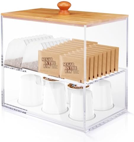 Kaffekapselholdere |  Kaffebar Organizer, 2-lags Bambus Kaffestation Organizer med Skuffe, K Kapselholder, Kaffepodholder til Nespresso, Sukker Te Organizer, Kaffebar Dekorationsaccessories til Bord Kaffekapselholdere Kaffekapselholdere