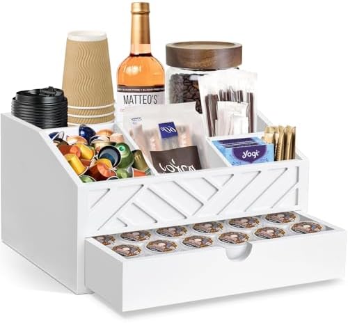 Kaffekapselholdere |  Kaffebar Organizer Med Skuffe, Kaffestation Organizer Til Bordplade, Træ Kaffebar Tilbehør Organizer Til Kaffebar Dekor, Landhus Kaffekop Pod Holder Krydderi Organizer (Hvid) Kaffekapselholdere Kaffekapselholdere