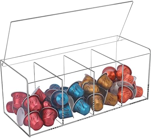 Kaffekapselholdere |  Kaffekapselholder, Organizer til K-Cup, Opbevaring til Kaffestationens Bord, Kompatibel med Nespresso Kapsler & Keurig Kapsler, Kaffebar Tilbehør, Akryl 4 Rum med Låg – Klar Kaffekapselholdere Kaffekapselholdere