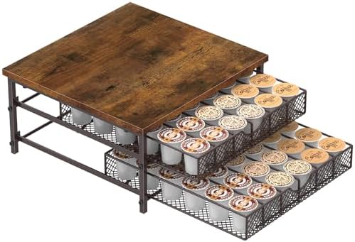 Kaffekapselholdere |  Kaffepodholder til K-Cup holder, kaffepodskuffe til bord, 2-lags K-Cup opbevaring med glidende kurve, 72 kapacitet pods organiseringskopper kapsler til kaffestation, brun Kaffekapselholdere Kaffekapselholdere