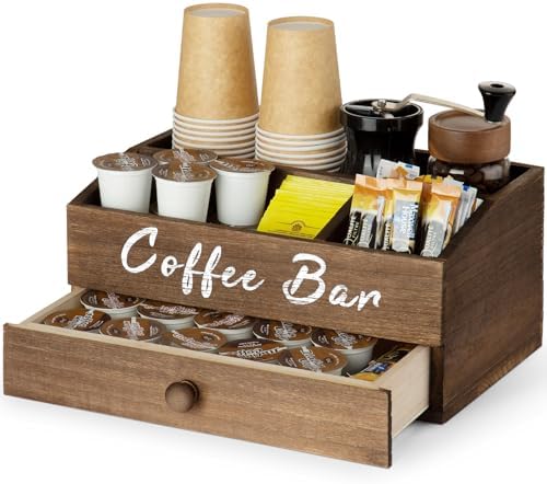 Kaffekapselholdere |  Kaffestation Organizer til Bord med Skuffe, Træ Kaffe Kapsel Holder Opbevaringskurv til K Cup, Kaffe, Te Krydderi Opbevaring, Rustik Kaffe Bar Dekor til Kaffe Tilbehør Organizer Kaffekapselholdere Kaffekapselholdere