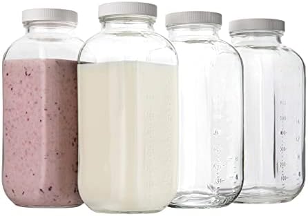 Madbeholdere |  32Oz Firkantholdig Glas Mælkeflaske Med Plastikkorker – Vintage Genanvendelige Kvart Størrelse Mejeri Drikkevarer Til Mælk, Yoghurt, Smoothies, Kefir, Kombucha Og Vand – Pakke Med 2 Madbeholdere Madbeholdere